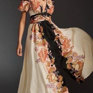 NWT Anthropologie Katerina Maxi Dress Elegant Floral Maxi Dress in Black/Cream